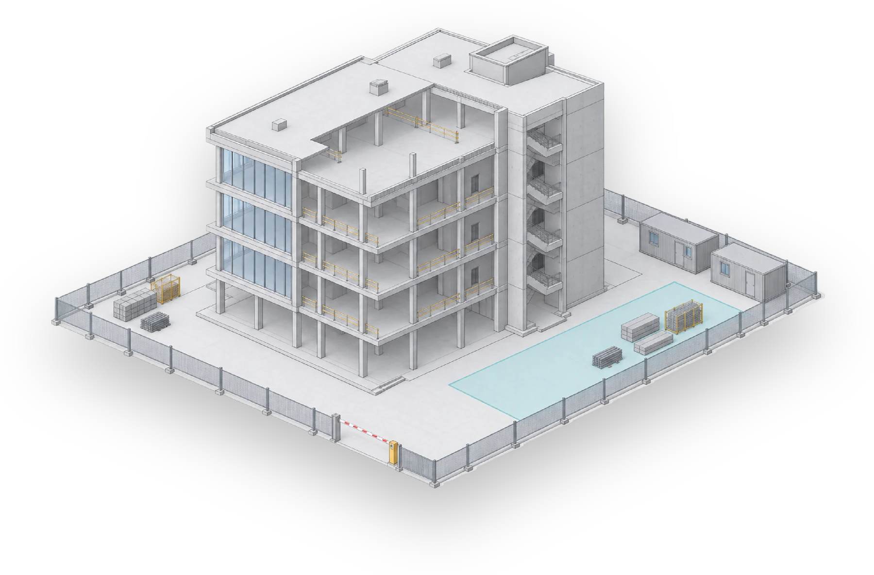 Illustrazione di un cantiere con edificio, uffici e ingresso.